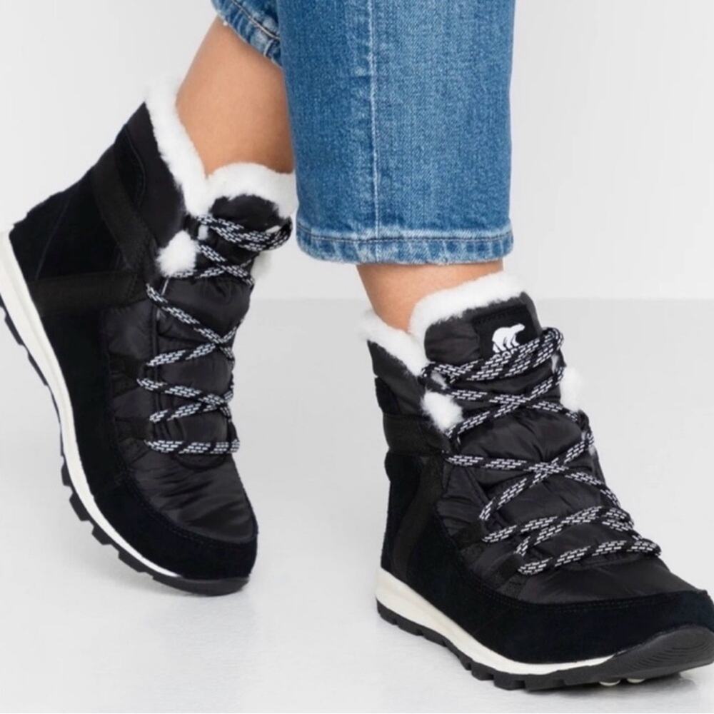 NIB Sorel Women's Whitney II Black Nylon Short Lace Ankle Boots Size 6